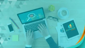 A professional analyzing SEO data on a laptop, with additional business documents and tools laid out on the desk. This scene emphasizes the value of outsourcing SEO services to accelerate business growth and achieve success, as discussed in the article 'Outsource SEO for Business Success: 7 Powerful Strategies for Small Businesses. 