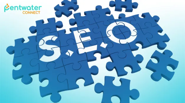 The letters "SEO" are formed by interconnected blue puzzle pieces on a light blue gradient background.