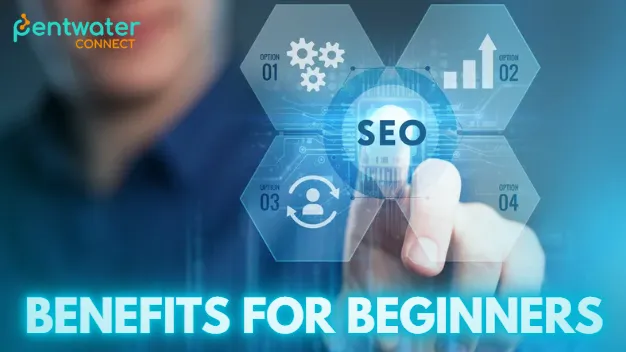 A hand points to a central "SEO" icon surrounded by four other icons, including a gear, a bar chart, and two connected people, suggesting SEO benefits for beginners.
