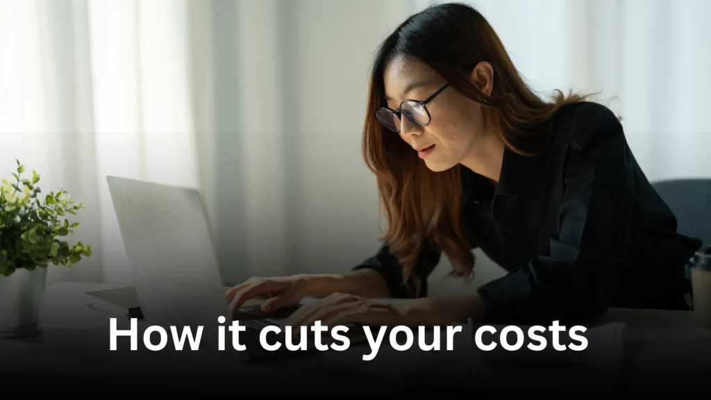A professional woman working on a laptop in a bright, modern workspace, showcasing how to cut labor costs 80% with outsourcing. By leveraging outsourcing, businesses can streamline operations, reduce expenses, improve productivity, and significantly lower labor costs, leading to higher efficiency and profitability.